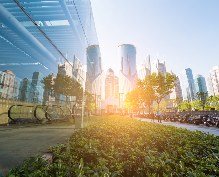 underside panoramic and perspective view to steel glass high rise building skyscrapers, business concept of successful industrial architecture